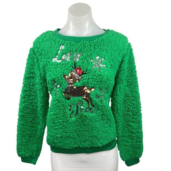 Derek Heart Green Sherpa Fleece Reindeer Christmas Pullover Sweater Size M - Picture 1 of 5